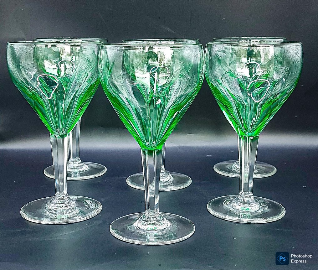 Verreries Doyen - Likörservice (6) - Atlas, côtes plates, jambes taillée - Semi-Kristal - Anagroen uniek #1.0