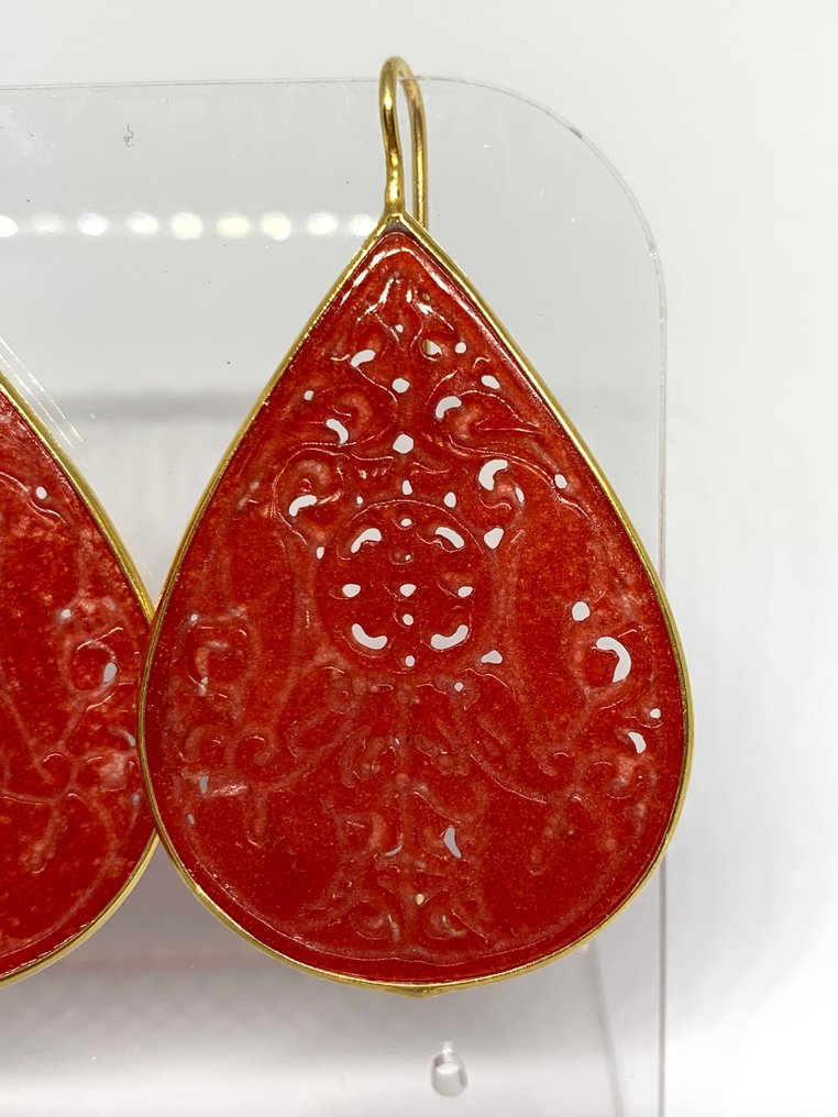 红玉髓 - 银 - 耳环 - Corniola intagliato #1.0