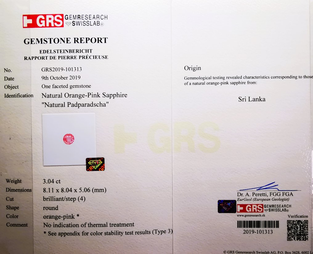 戒指 - 18K包金 白金 - 4.69ct. tw. 蓝宝石 - 钻石 - 无热/帕德拉德查/ GRS #4.3