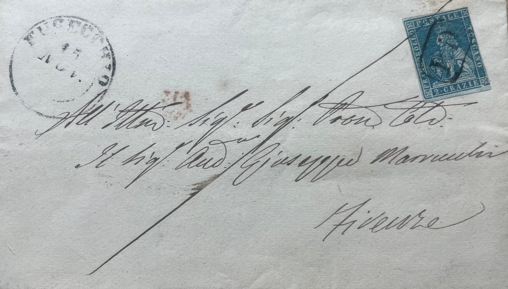 Anciens états italiens - Toscane 1854 - Ancien grand-duché de Toscane, lettre avec deux crazie de Fucecchio à Florence. - Sassone n. 5 #1.0