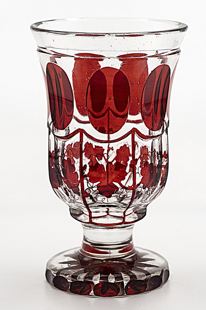 Antique Ruby Red Glass Vase Vine-Leaf motif-Faceted Glass Overlay, 1850 - Vase - Glass #1.0