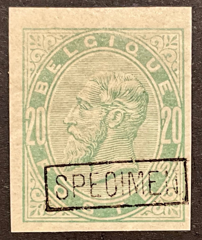 Belgia 1869/1883 - Utgivelse Leopold II Ny type - 20c perlegrå - UGETAND med påtrykk SPECIMEN - OBP/COB 39 ND + SPECIMEN #2.1