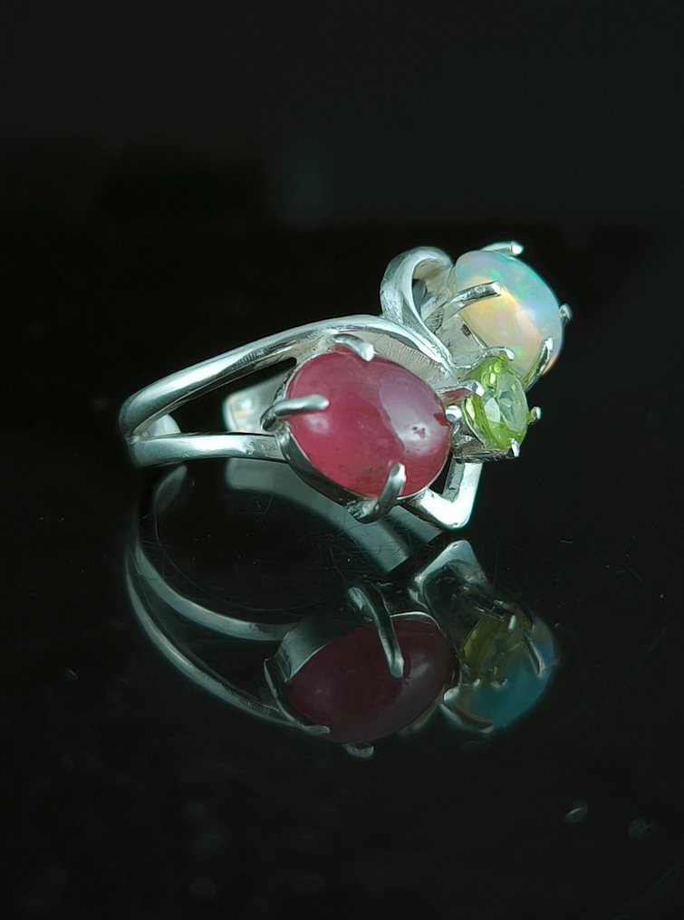 Οπάλιο - Ασημί - Δαχτυλίδι φυλαχτό - Peridoto στρογγυλό #3.2