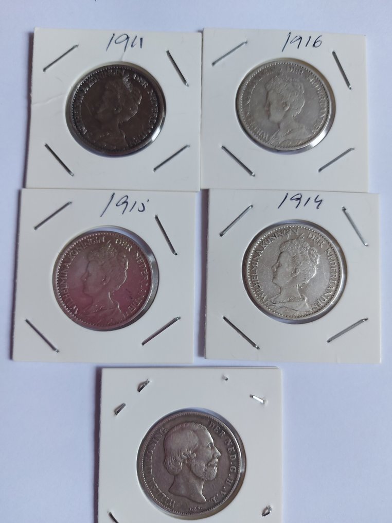 Nederland. 1 Gulden 1865/ 1916, 5 stuks (Zonder minimumprijs) #1.0