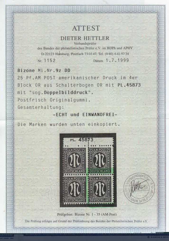 Συμμαχική Κατοχή - Γερμανία (Αμερικανική και βρετανική ζώνη) 1945 - AM-Post, 25 λεπτά αμερικανικής εκτύπωσης, με χαρακτηριστικό διπλό τυπωμένο, άθικτο, πιστοποιητικό. - Michel 9 z DD #2.1