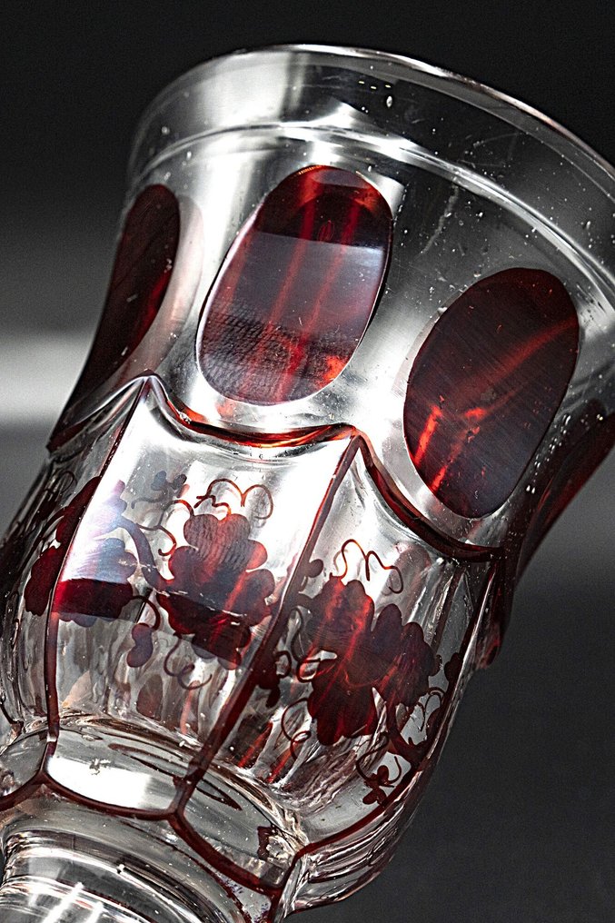 Antique Ruby Red Glass Vase Vine-Leaf motif-Faceted Glass Overlay, 1850 - Vase - Glass #2.1