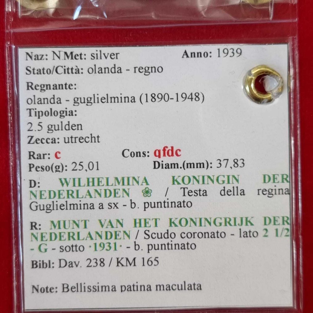 Ολλανδία. Wilhelmina. 2 1/2 Gulden 1939  (χωρίς τιμή ασφαλείας) #2.1