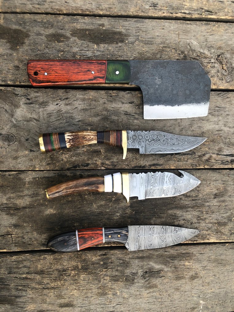 厨刀 - 著名手工制作的Skinners刀，多层锻钢，鹿角，木材及稀有手柄 - 北美 - 皮套 TD46 #1.0