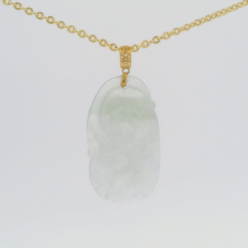 No reserve price - Pendant - 18 kt. Yellow gold, Natural Jade Ruyi Pendant with 18K Gold Loop Jade #2.1