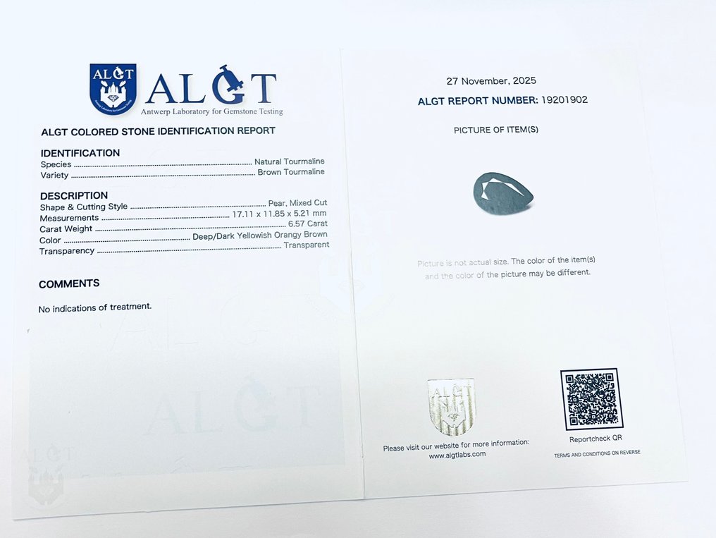 No reserve price - 1 pcs Brown, Orange, Yellow Tourmaline - 6.57 ct - Antwerp Laboratory for Gemstone Testing (ALGT) #3.2