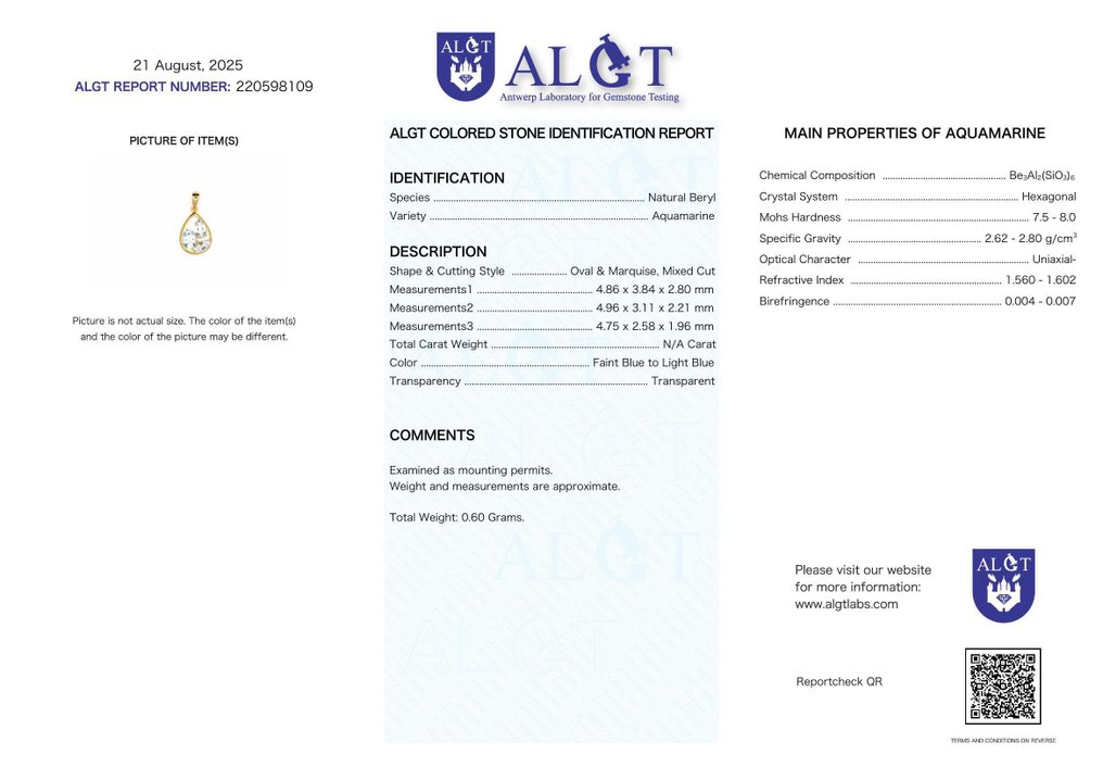 没有保留价 - 吊坠项链 - 18K包金 黄金 - Aquamarine - 已认证 #2.1