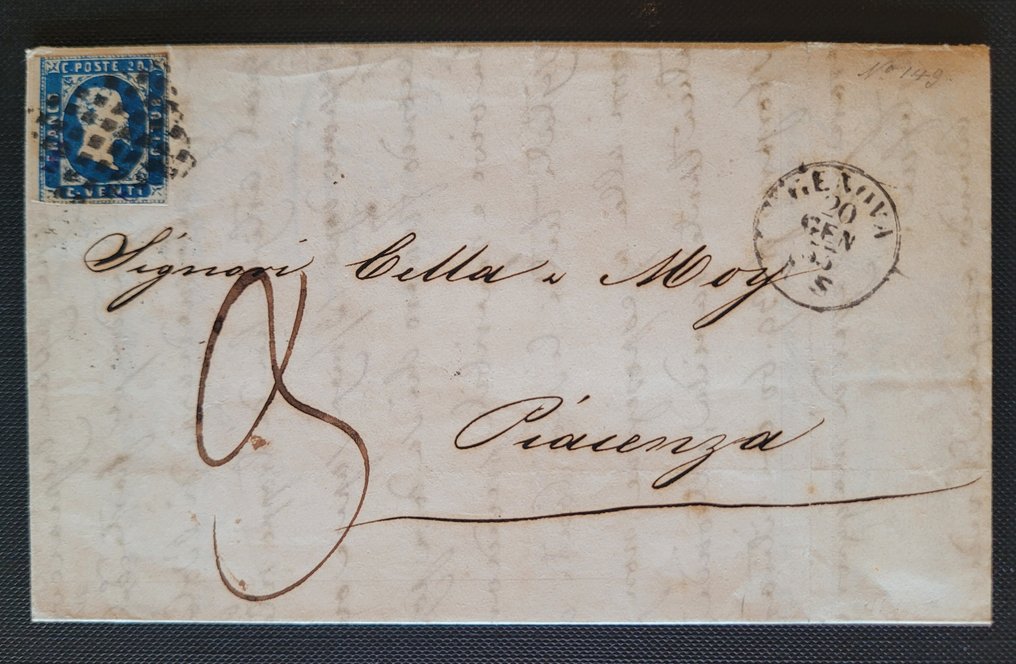 Starożytne państwa włoskie - Sardynia 1853 - 20 centów, list z Genui do Piacenzy. - Sassone N. 2 #1.0