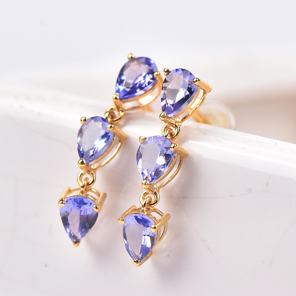 没有保留价 - 耳环 - 18K包金 黄金 - 坦桑石 - 已认证的 #1.0