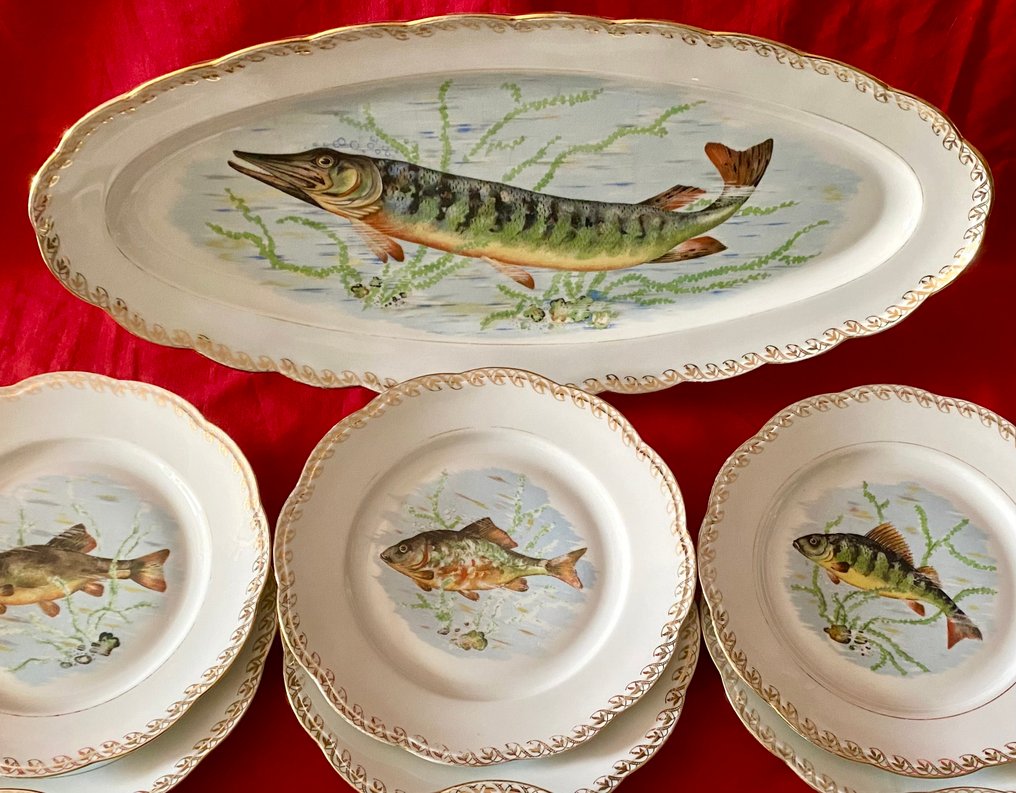 Limoges - Société Française de Porcelaines (SFP) - Conjunto de servir peixe (13) - Porcelana, Ouro - Serviço de peixe para 12 #2.1