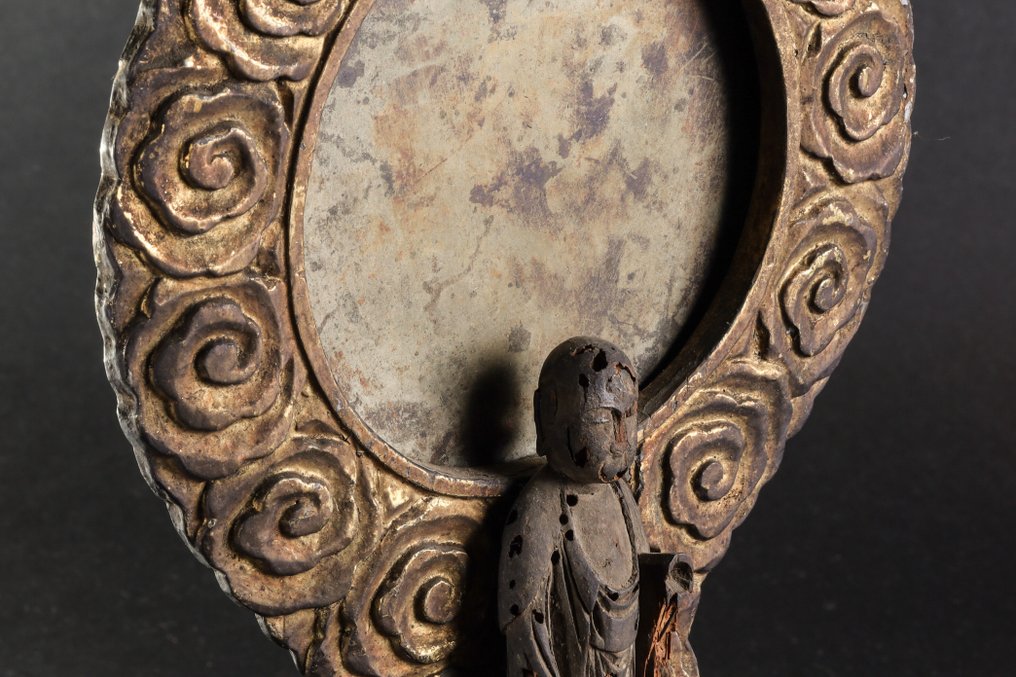 Antique Buddha Sclpture with Bronze Mirror by Fujiwara Mitsumasa (藤原光政) - 塑像 木 - 日本 - Edo Period (1600-1868) #4.3