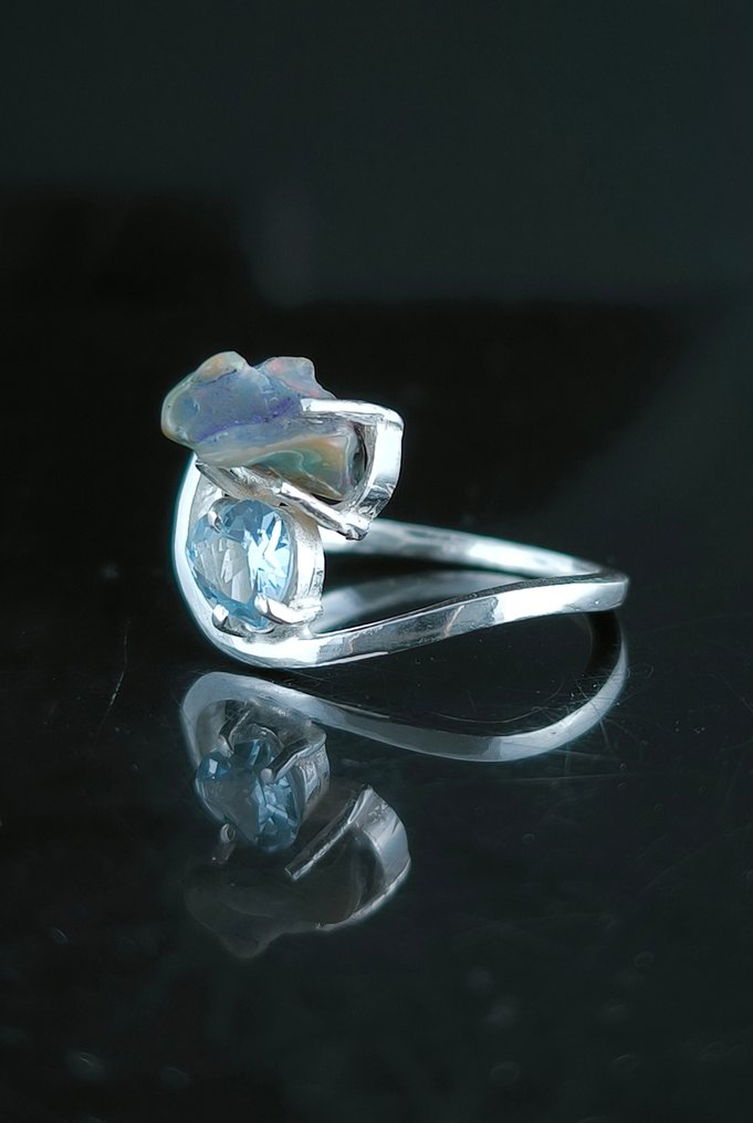 Opale Anello regolabile con aguamarina e opale in argento sterling - Altezza: 14 mm - Larghezza: 10 mm- 2.94 g - (1) #1.0