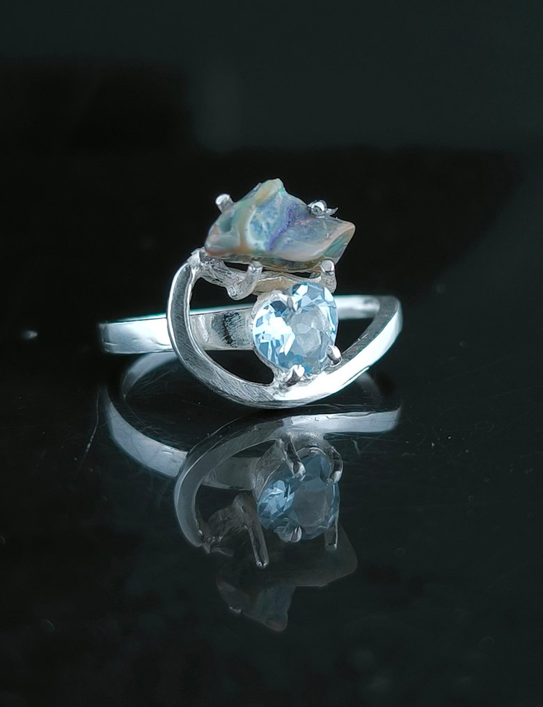 Opale Anello regolabile con aguamarina e opale in argento sterling - Altezza: 14 mm - Larghezza: 10 mm- 2.94 g - (1) #1.0