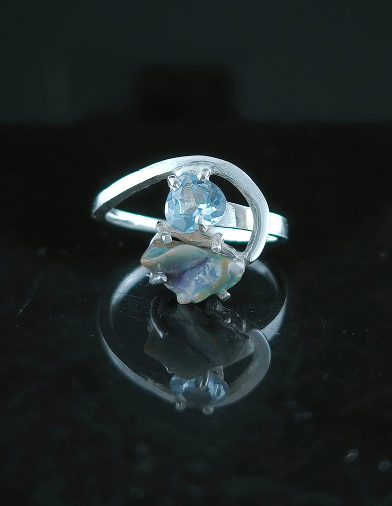 Opale Anello regolabile con aguamarina e opale in argento sterling - Altezza: 14 mm - Larghezza: 10 mm- 2.94 g - (1) #2.1