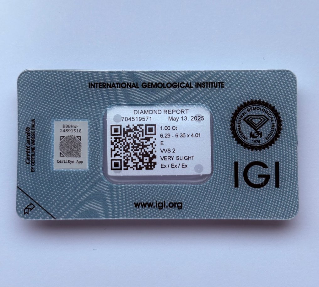 1 pcs 钻石 (天然) - 1.00 ct - 圆形 - E - VVS2 极轻微内含二级 - 国际宝石研究院(IGI) - Ex Ex Ex #1.0