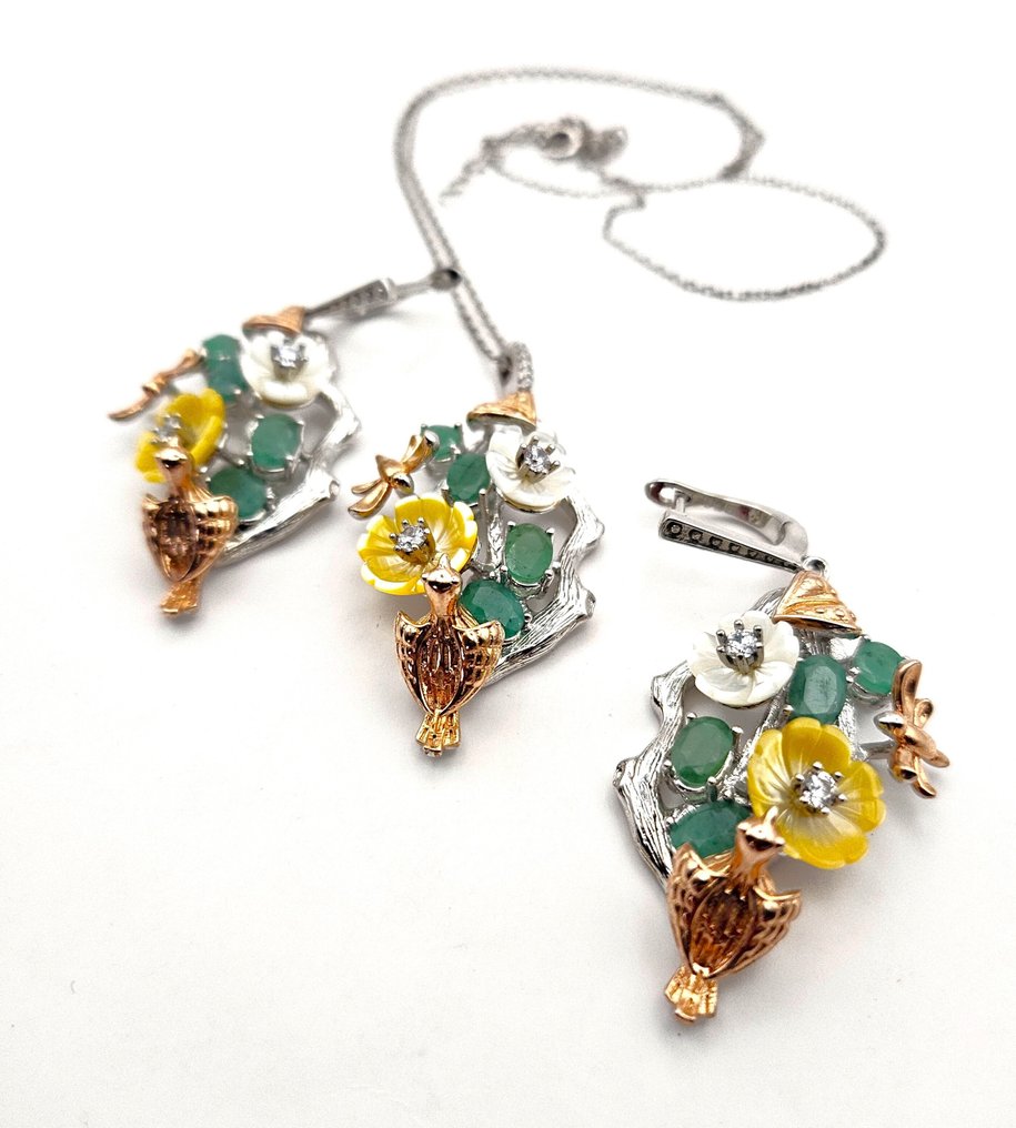 Ingen mindstepris - Smykkesæt med 2 dele Sølv -  8.00ct. tw. Smaragd - Zirkon #1.0