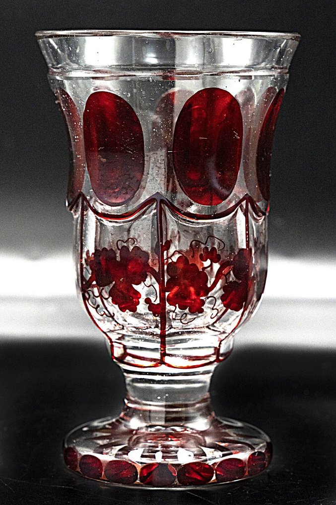 Antique Ruby Red Glass Vase Vine-Leaf motif-Faceted Glass Overlay, 1850 - Vase - Glass #1.0