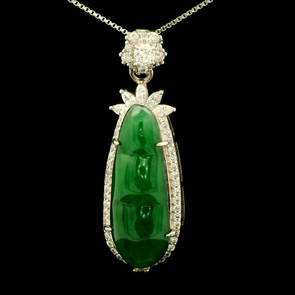 Giada - Argento, Ciondolo in giadaite certificata NGTC in argento S925 con collana - Collana con ciondolo #1.0