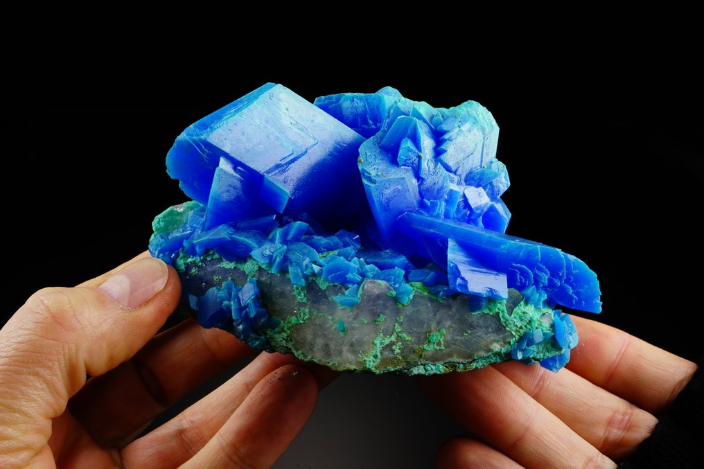 电海水晶 - 蓝色CHALCANTHITE，紫水晶上的奇幻水晶 无底价 - 高度: 12 cm - 宽度: 11 cm- 765 g #2.1