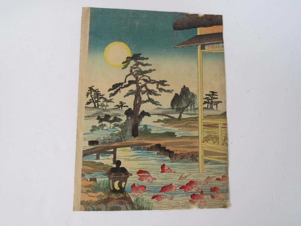 Meiji Period/Authentic Work by Yosai Enichi, Cool Goldfish Pond Garden "Autumn Moon Viewing at a - Yōsai Enichi  楊斎延一 - 日本 -  明治時期（1868-1912） #1.0