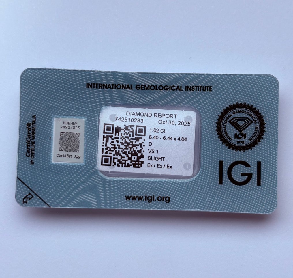 1 pcs Diamant (Natural) - 1.02 ct - Rotund - D (fără culoare) - VS1 - IGI (Institutul gemologic internațional) - Ex Ex Ex #1.0