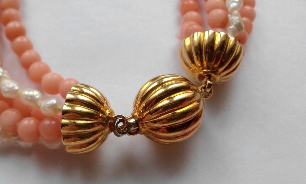 Sem preço de reserva - Colar Ouro amarelo 18 kt - Corais rosa - Scaramazzeperlen - 5 fileiras #2.1