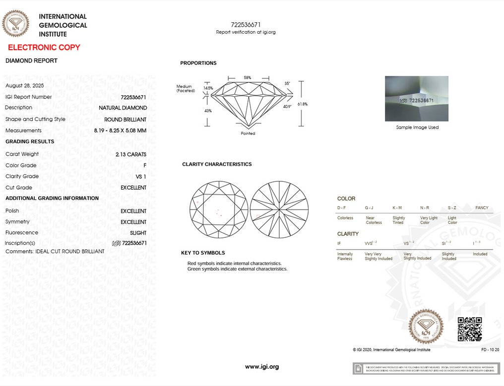 1 pcs Διαμάντι  (Φυσικό)  - 2.13 ct - Στρογγυλό - F - VS1 - International Gemological Institute (IGI) - Ex Ex Ex #2.1