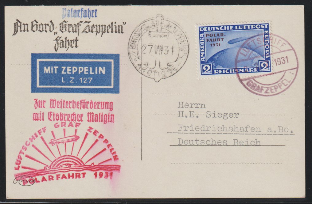 German Empire 1931/1931 - Graf Zeppelin polar flight 1931 complete on maps and letters - Michel 456 - 458 #4.3