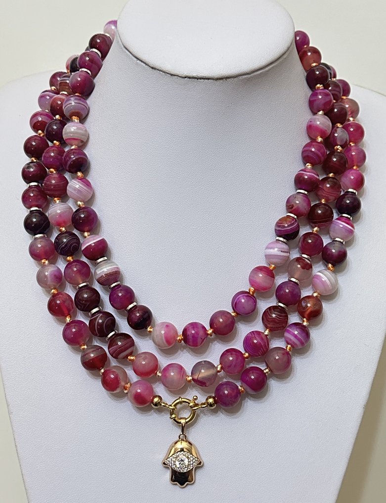 巴西天然石榴石(12毫米)和法蒂玛之手(Hamsa),一等品。 - 三件珠寶套裝 - 非常大。 Plata 925 #1.0