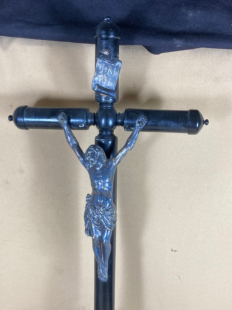  (十字架状)耶稣受难像 - 木, 镀银 - 1850-1900 - 漆黑木制十字架 - 64 厘米  #3.2