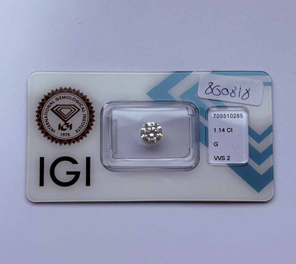 1 pcs Diamant  (Natural)  - 1.14 ct - Rotund - G - VVS2 - IGI (Institutul gemologic internațional) - Ex Ex Ex #1.0