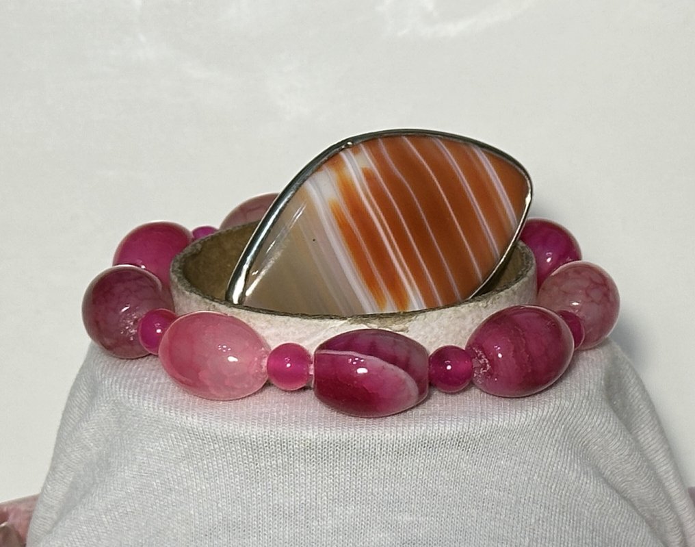 巴西天然玫瑰与橙色玛瑙 / 1445 克拉; / 高品质 - 頸鏈 - 配有925纯银锯齿 #2.1