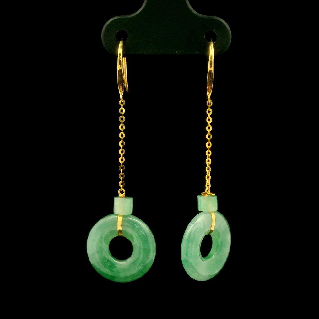 Sans prix de réserve - Boucles d'oreilles - 18 carats Boucles d'oreilles en jade naturel certifié NGTC en forme de donut en or 18 carats – design, Or jaune Jade #1.0