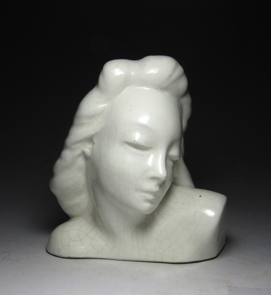 Imre Kovács Turáni (1910-1975 Budapest) - Statue, Art Deco Bust - 10 cm - Fajanse - 1930 #3.2