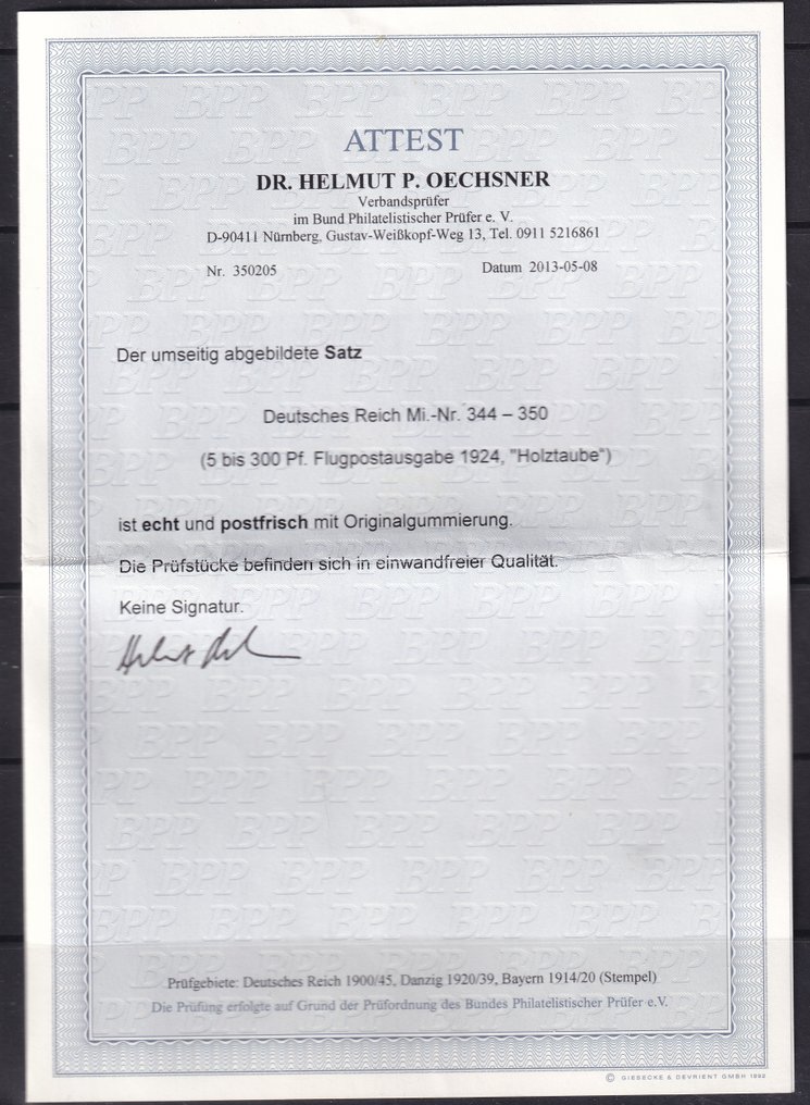 Γερμανική Αυτοκρατορία 1924 - Φάκελοι αλληλογραφίας αεροπορικώς: ξύλινη περιστερά (IV). ΠΙΣΤΟΠΟΙΗΣΗ: Oechsner BPP - Michel: 344/350 #1.0