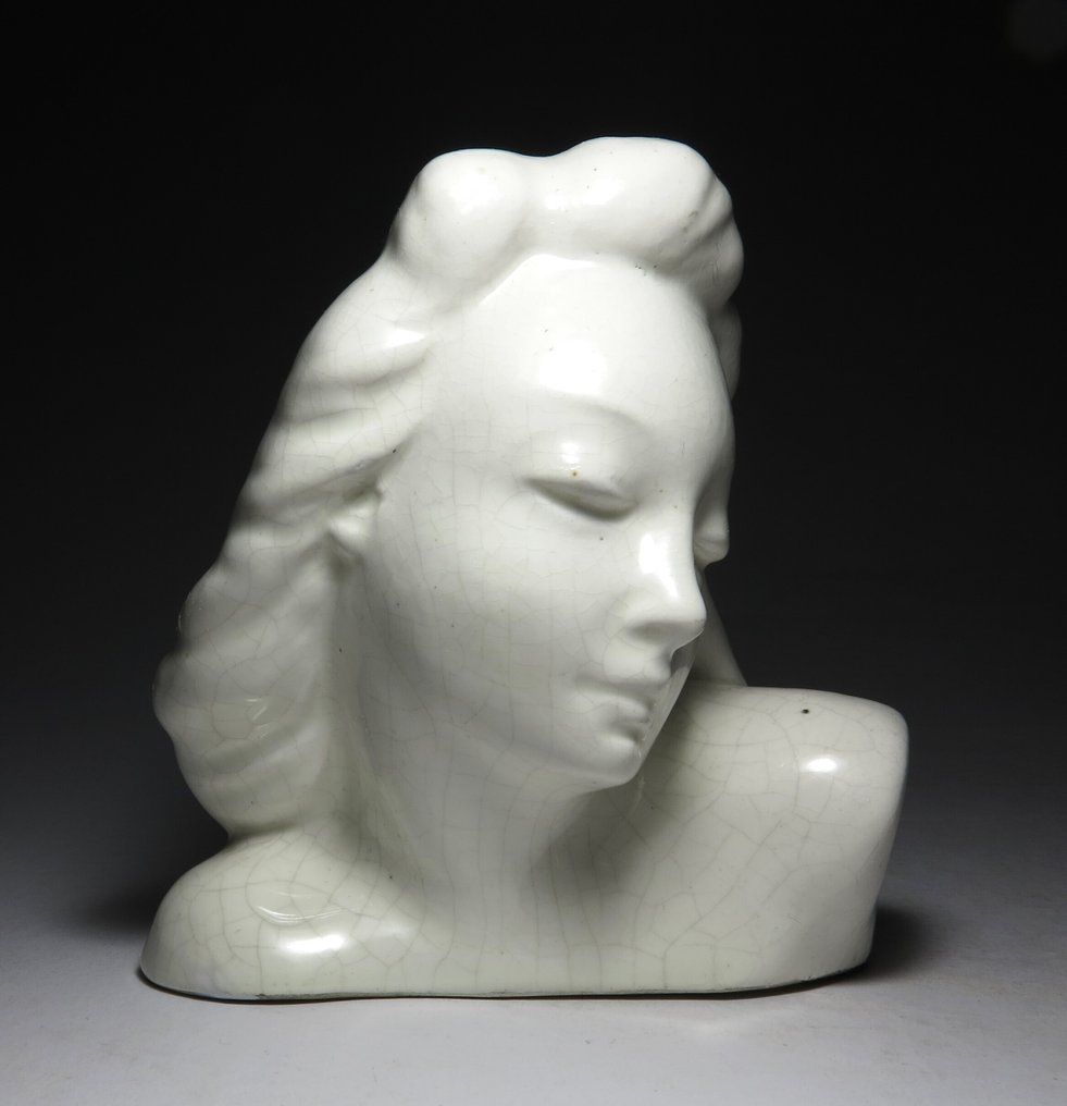 Imre Kovács Turáni (1910-1975 Budapest) - Statue, Art Deco Bust - 10 cm - Fajanse - 1930 #1.0