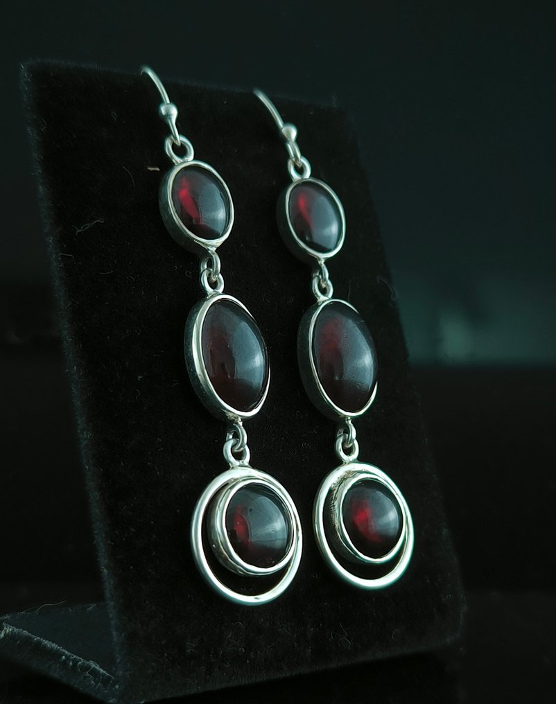 Granate - Plata - Pendientes - Ojo de Tigre Plata de Ley #1.0