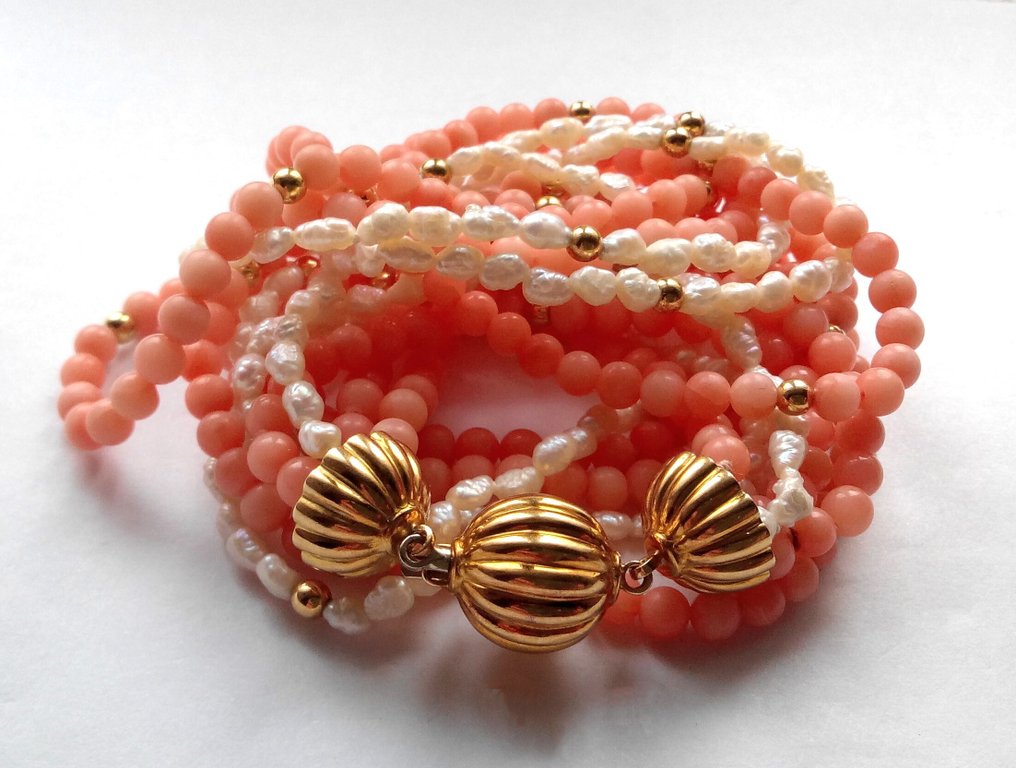 Sem preço de reserva - Colar Ouro amarelo 18 kt - Corais rosa - Scaramazzeperlen - 5 fileiras #1.0