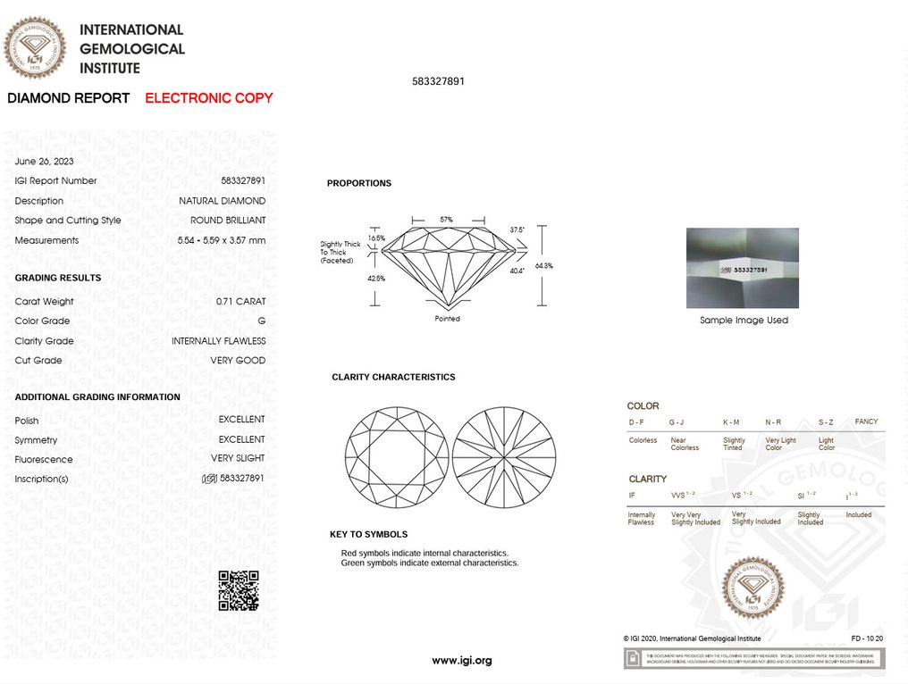 1 pcs Gyémánt (Természetes) - 0.71 ct - Kerek - G - IF - Nemzetközi Gemmológiai Intézet (IGI) #2.1