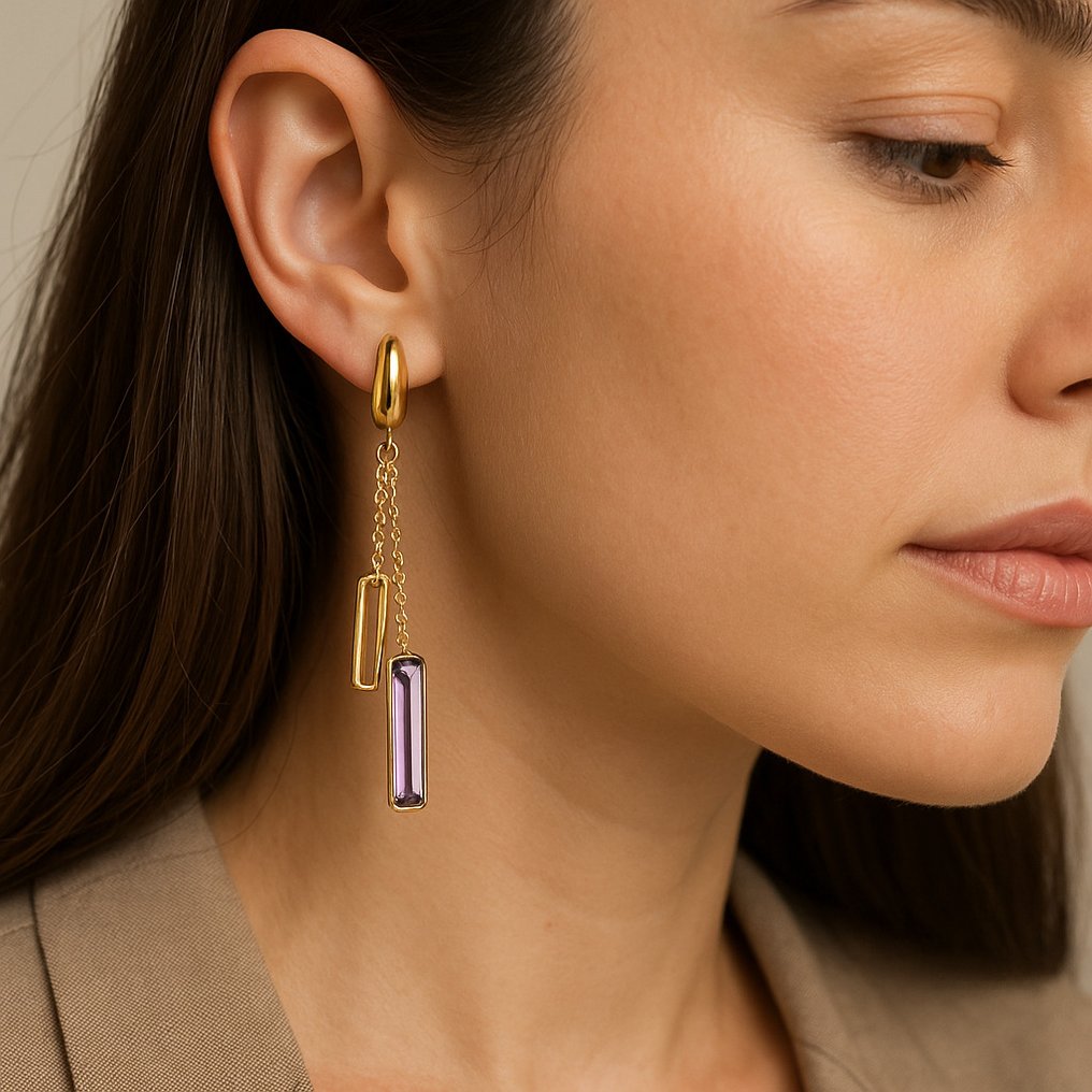 Nincs minimálár - Drop fülbevaló - 14 kt. Sárga arany - 3.00ct. tw. Ametiszt - Quartz #1.0