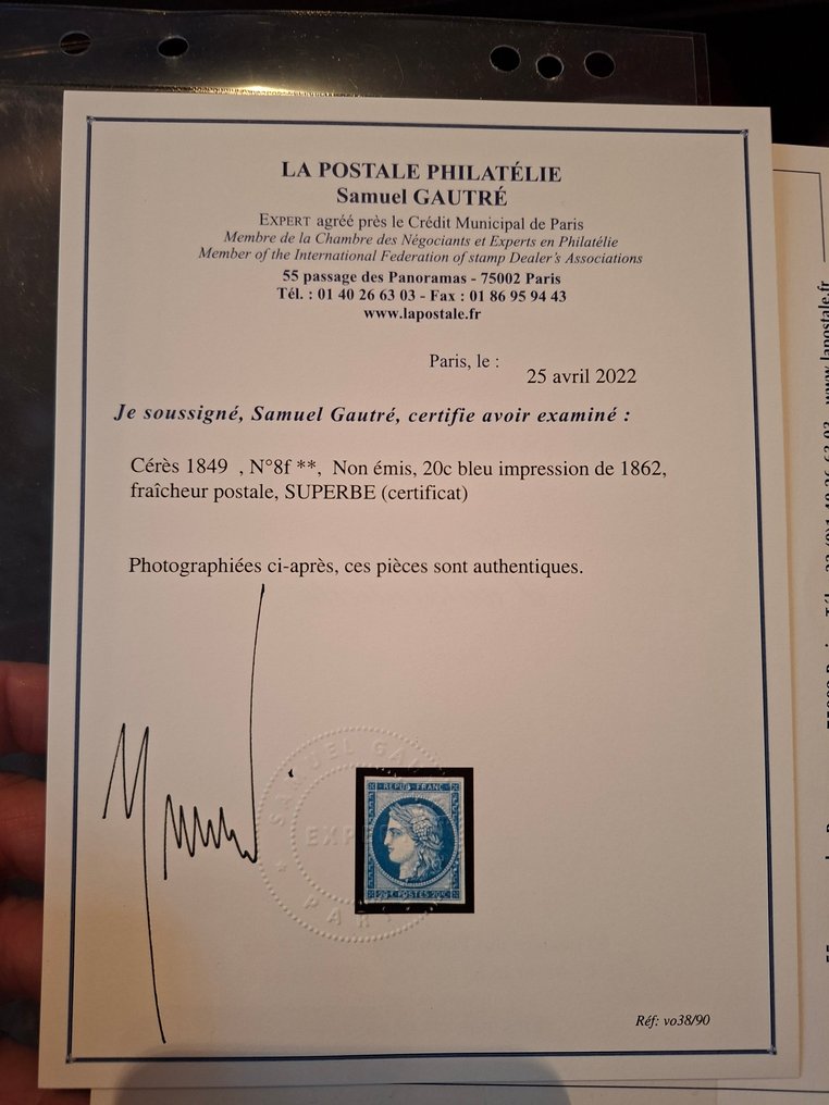法國 1849/1849 - Ceres N° 8 neuf 未发行，1862年印刷，极佳，附有证书。 #1.0