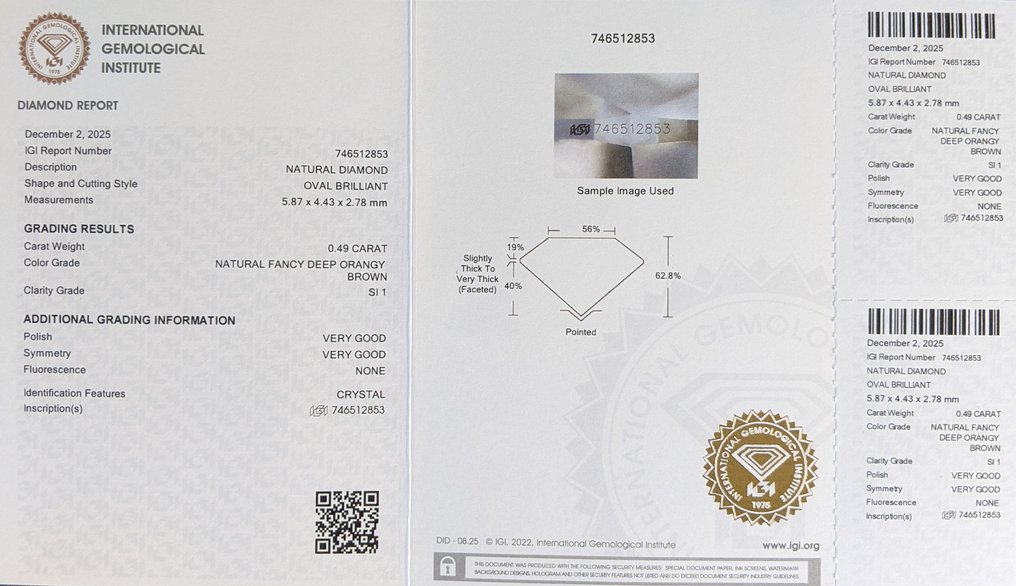 Sans prix de réserve - 1 pcs Diamant (Couleur naturelle) - 0.49 ct - Oval - Fancy deep Orangé Brun - SI1 - International Gemological Institute (IGI) #1.0