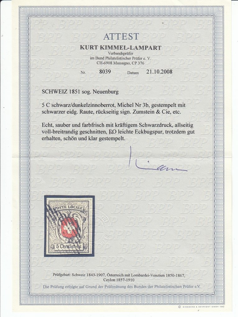 Suíça 1851 - Neuenburg com borda muito boa / atestado Kimmel #1.0
