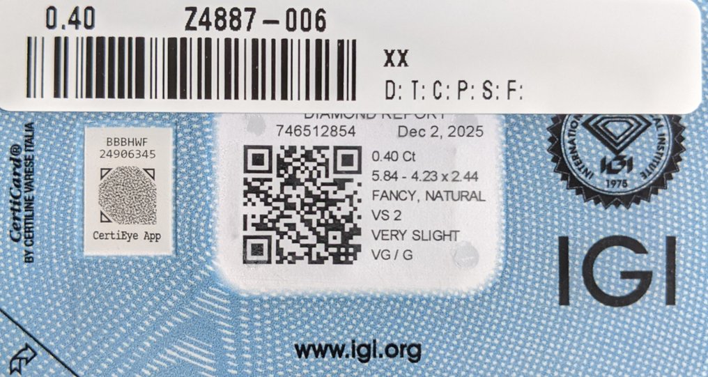 Ingen reservasjonspris - 1 pcs Diamant (Naturfarget) - 0.40 ct - Oval - Fancy dark Brun Oransje - VS2 - Det internasjonale gemologiske institutt (IGI) #3.2