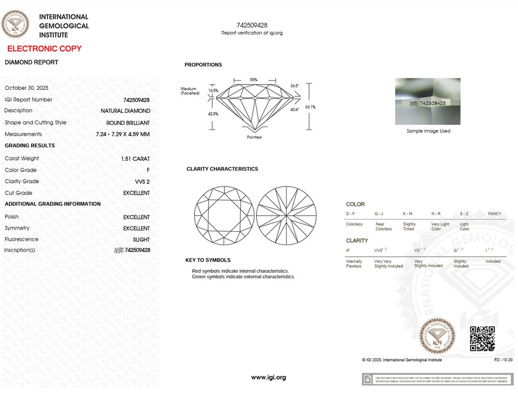1 pcs Gyémánt (Természetes) - 1.51 ct - Kerek - F - VVS2 - Nemzetközi Gemmológiai Intézet (IGI) - Ex Ex Ex #3.2