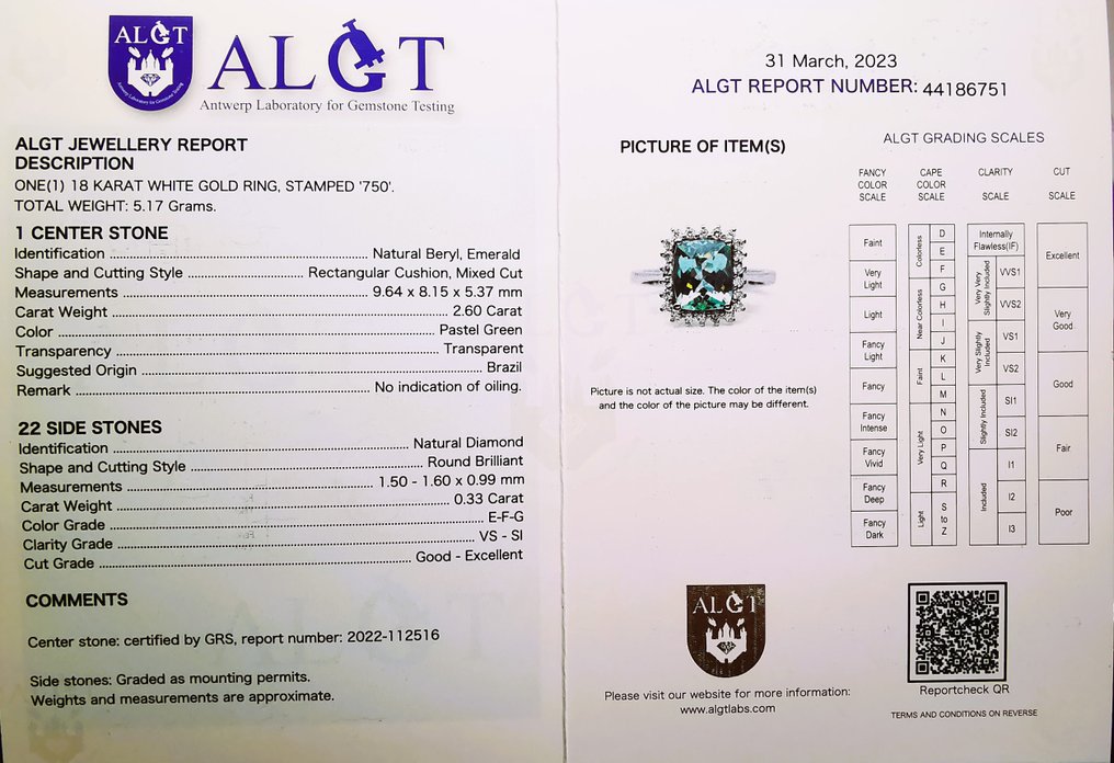 戒指 - 18 克拉 白金, Esmeralda 无油 2.93克拉 GRS 5.17克 18K -  2.93ct. tw. 祖母綠 - 鉆石 - 无油 / 巴西 #2.1